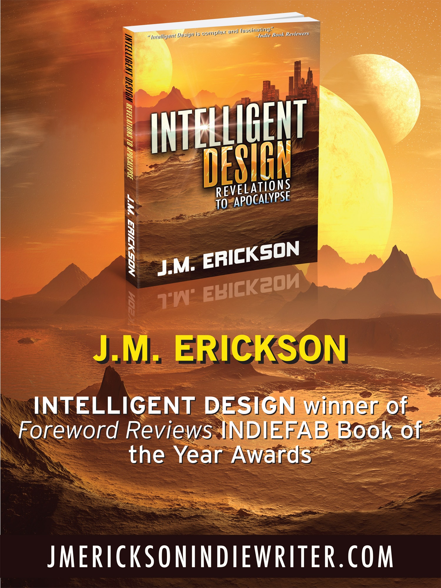 J.M. Erickson catalog poster — Future Prometheus, Intelligent Design, and Albatross series overview with publisher and review quotes